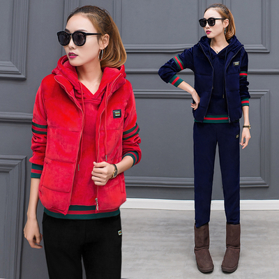 秋冬季新款金丝绒女卫衣三件套冬装加绒加厚休