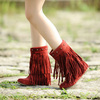 冬季棉靴中筒靴铆钉流苏民族，风雪地靴低跟内增高红色圆头大码女靴