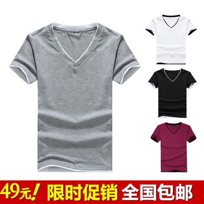 标题优化:夏季韩版男士短袖V领T恤 修身休闲潮流学生运动款时尚全棉打底衫