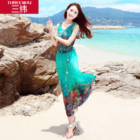 三纬2019夏 波西米亚度假真丝长裙修身显瘦无袖沙滩桑蚕丝连衣裙商品大图