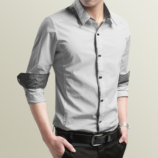 男士长袖衬衫春秋季薄款纯棉，韩版修身潮流商务，休闲白衬衣服男装