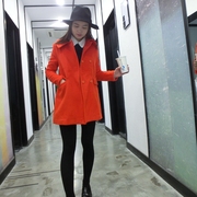 韩国2016秋冬橘红双排扣大衣中长款厚中长款气质藏青色毛呢外套女
