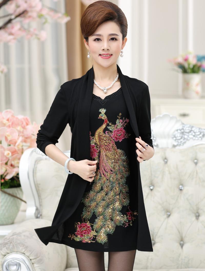 新款中年秋季妈妈装假两件长袖T恤 中长款针织衫中老年女装打底衫