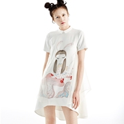 sungdogin设计师白日梦白色蘑菇女孩，印花拼接蚕丝露背a摆连衣裙