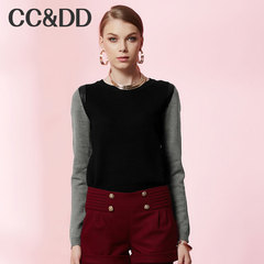 CCDD2014冬装专柜正品新款女欧美圆领套头衫黑灰色加厚羊毛衫