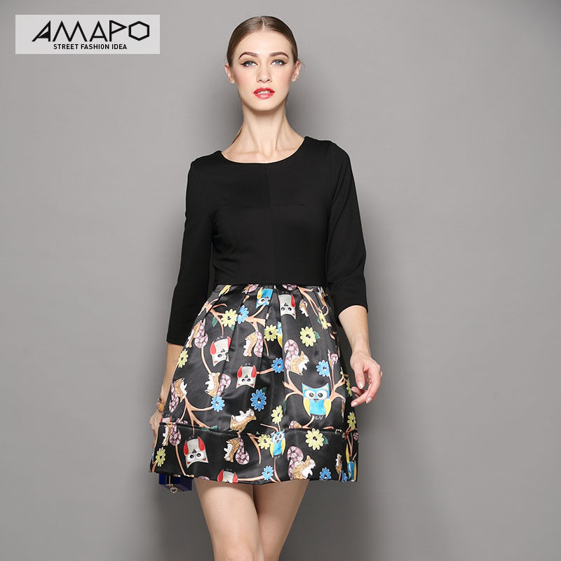 AMAPO 2014秋装新款欧洲站七分袖修身显瘦蓬蓬裙女气质印花连衣裙