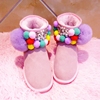手工毛球粉色雪地靴低短靴女真皮拼色糖果色冬季加厚防滑棉鞋