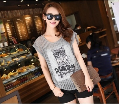 标题优化:2015夏装韩版大码休闲可爱猫咪印花宽松圆领短袖T恤女包邮