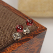 石榴石耳钉女925纯银，防过敏百搭气质，简约日韩国红色小耳环饰品