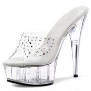 水晶鞋水钻婚鞋2014欧美性感，女鞋15cm超高跟鞋子，透明细跟凉鞋
