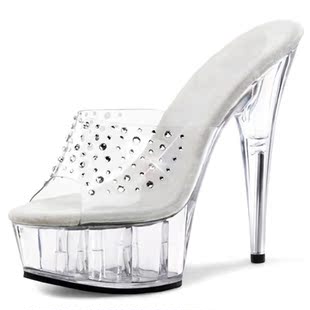 水晶鞋水钻婚鞋2014欧美性感，女鞋15cm超高跟，鞋子透明细跟凉鞋
