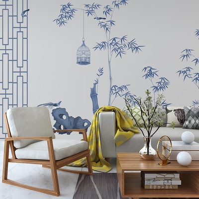 中式轻奢墙布简约花鸟墙纸古风，茶室竹子壁纸，花格客厅电视背景壁画