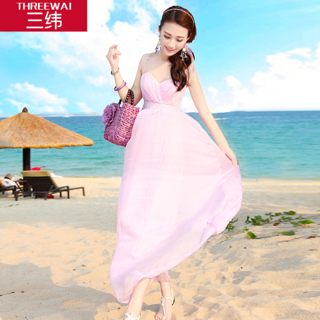 三纬2019夏真丝吊带波西米亚度假连衣裙女装气质优雅纯色显瘦长裙商品大图
