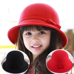 韩版儿童礼帽秋冬小红帽毛呢帽(毛，呢帽)蝴蝶结圆顶，女童礼帽公主盆帽亲子帽