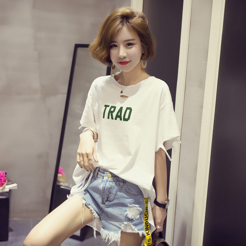 小颖家 2017夏季韩版新款袖口割破短袖纯色t恤女字母宽松学生上衣