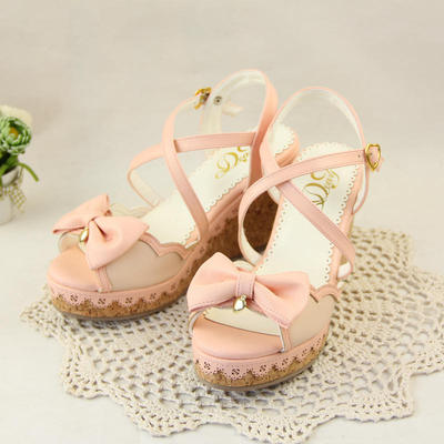 2015夏季新款甜美系日系洛丽塔公主凉鞋女鞋坡跟交叉带蝴蝶结软妹