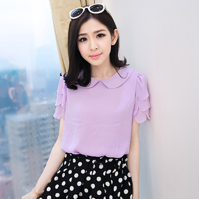 雪纺衫女夏装2015新款韩版短袖娃娃领宽松显瘦上衣 糖果色小清新