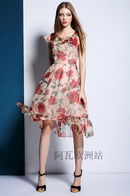 标题优化:2015年夏季欧美新款女装玫瑰印花短袖长裙荷叶边圆领连衣裙特价