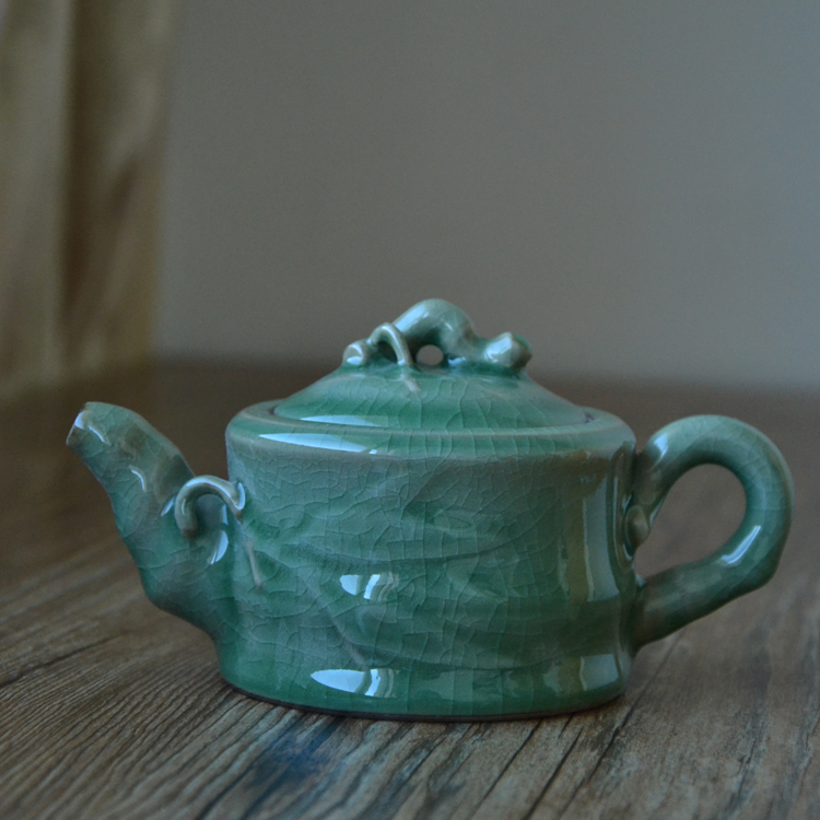 龙泉青瓷哥窑竹韵壶 陶瓷功夫茶具单壶泡茶器 比紫砂汝窑茶壶实惠