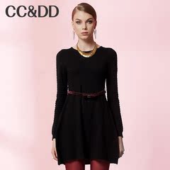 CCDD2014冬装专柜正品新款女装圆领打底A字裙子深色羊毛连衣裙