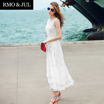 罗家精品2015夏装女装新款优雅刺绣花朵纯白长裙气质荷叶边连衣裙