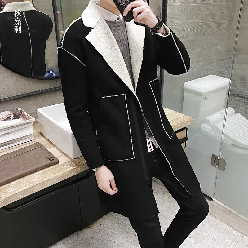 秋嘉利秋冬男麂皮绒大衣中长款风衣韩版休闲加厚棉服保暖棉衣外套