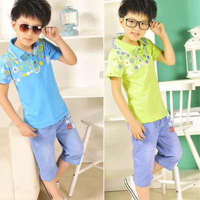 2014夏男童套装中大童小童纯棉男童短袖t恤牛仔裤套装潮 儿童套装