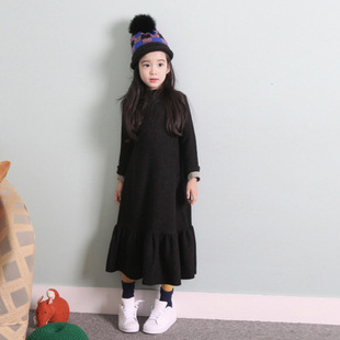 韩版春秋冬季童装中大童女童不倒绒长袖连衣裙长款亲子装打底