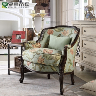 美式布艺单人沙发椅轻奢欧式客厅家用实木休闲椅老虎椅简约小户型
