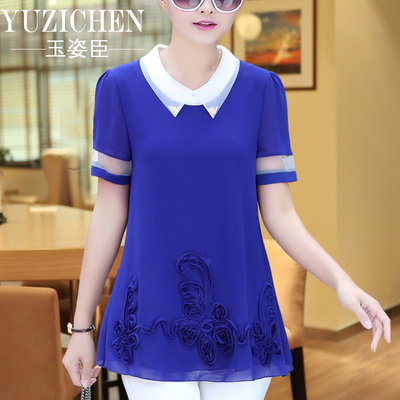 雪纺衫女2015夏韩版宽松大码女装中长款衬衫修身显瘦夏装短袖上衣