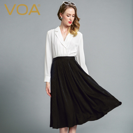 VOA 黑白拼接西装领职业套裙式中腰长袖真丝连衣裙春天 A6028商品大图