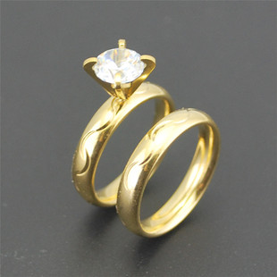 钛钢金色男女士一对价情侣对戒仿真钻戒指镶钻指环生日礼物STR099