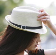 夏天英伦爵士帽情侣男女黑色皮带草帽子韩版潮礼帽白色亲子儿童帽