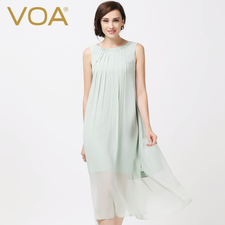 VOA 淡绿无袖真丝连衣裙里外两面可穿 两件套双层蚕丝女裙A5792商品大图