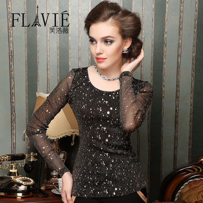 芙洛薇新款冬季黑色百搭上衣高档长袖网纱镂空小衫蕾丝低领打底衫