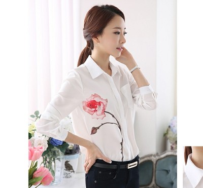 标题优化:2015夏新款韩版印花衬衫女修身中长款单排扣长袖印花雪纺衫衬衣女