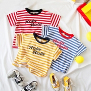 儿童红黄蓝3色条纹字母印花短袖T恤2020男童宝宝宽肩袖宽松半袖T