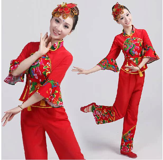 民族服装秧歌服装扇子舞喜庆开门红跳广场舞演出服装女腰鼓舞热卖