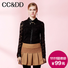 【爆】CCDD2014冬专柜正品新款女装黑色翻领打底衫PU皮拼接蕾丝衫