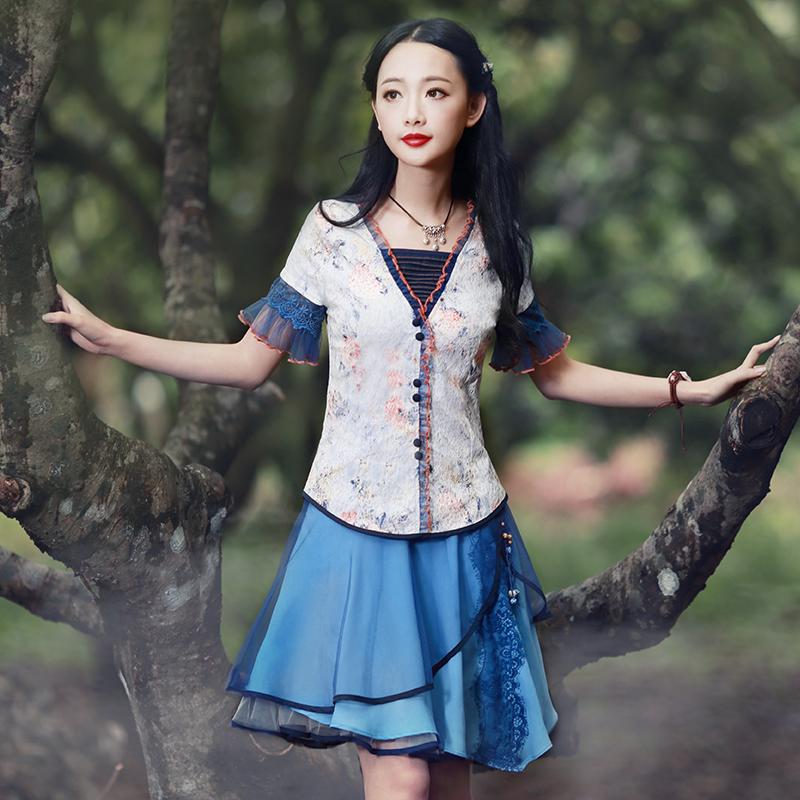 两人故事复古文艺民族风女原创田园风格提花短