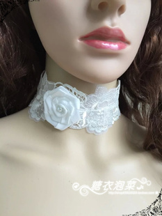 欧美风 女 蕾丝项链 唯美白玫瑰颈链遮盖项饰 白色