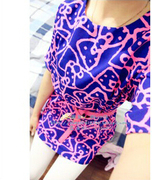  韩国复古荧光蝴蝶结印花几何图案圆领短袖宽松雪纺连衣裙