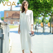 VOA 绣花套头真丝七分袖连衣裙 素色文艺丝绸长裙女A5388图片