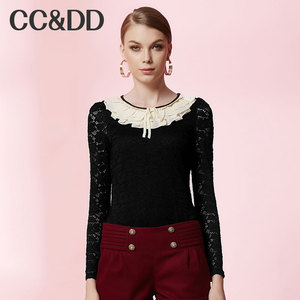 CCDD2014冬装专柜正品新款女装甜美荷叶领打底衫黑色修身蕾丝衫