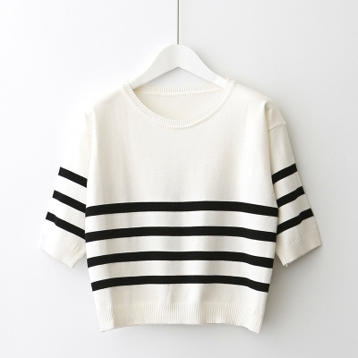 夏季新款韩版宽松短款圆领套头针织学生条纹体