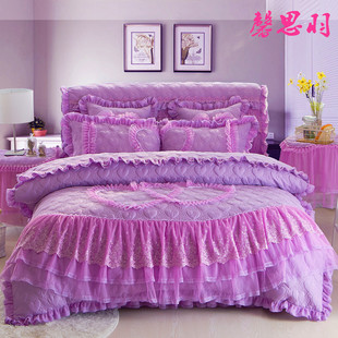 韩版公主蕾丝夹棉床裙四件套，1.8米2m双人，纯色加厚床罩四五多件套