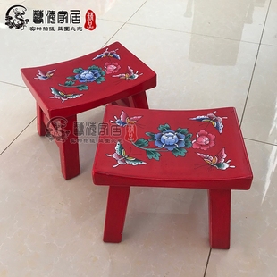中式仿古家具实木榆木手绘蝴蝶马鞍凳儿童凳凳子矮凳餐桌凳换鞋凳