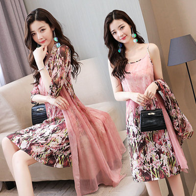 连衣裙2018夏季性感吊带印花雪纺两件套女背心裙加开衫防晒皮肤衣