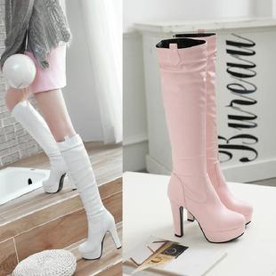 粉色高跟女高筒靴子秋单靴防水台圆头套脚，瘦腿加厚白色长筒棉靴冬