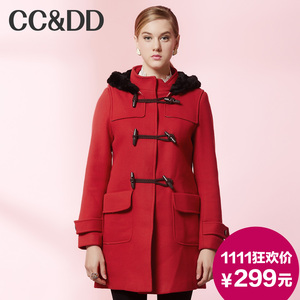 【爆】CCDD2014冬装正品新款女装学院风牛角扣连帽红色羊毛呢大衣